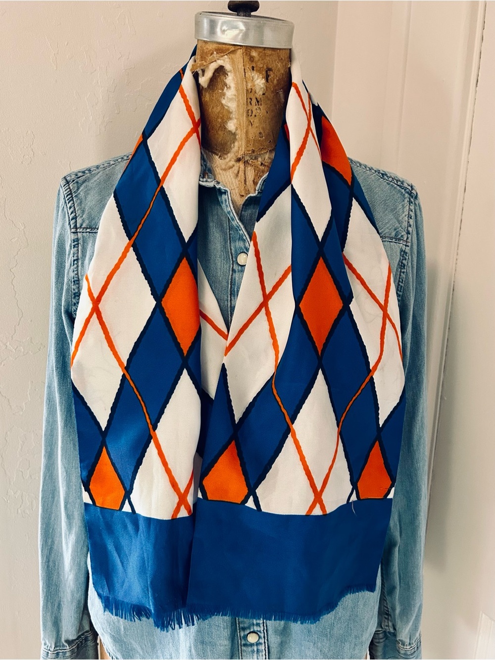 Vintage 70's silk twill scarf with fringed edges